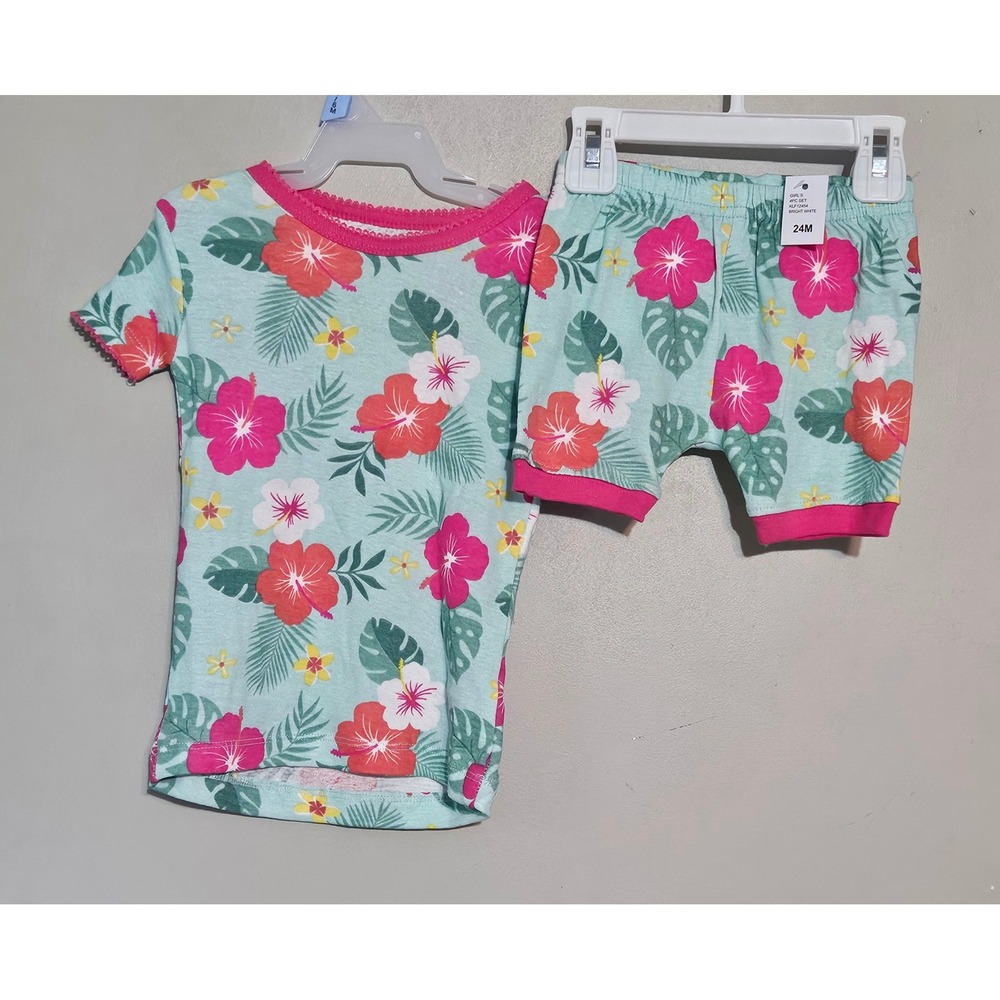 💜Koala Kids Girls 24M Tropical Hibiscus Floral Pajama Set Blue Pink 2pc🩷